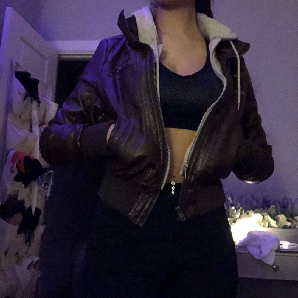 cropped leather bomber jacket with hood
